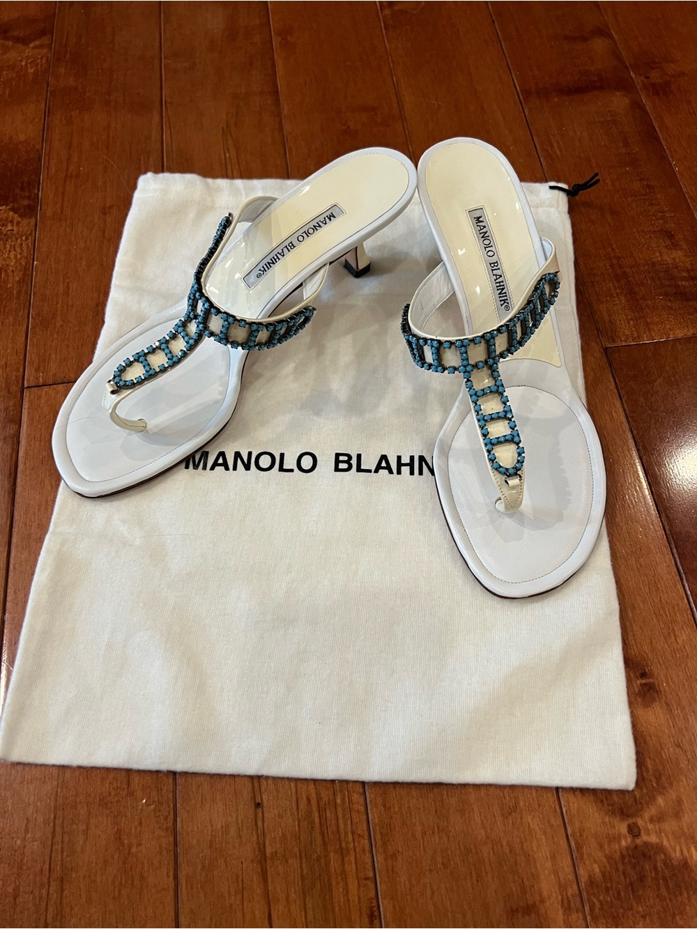 Manolo Blahnik White Sandal Thongs with Turquoise Beading